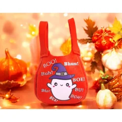 Halloween-Filztasche mit Boo-Geist, Hexenhaus & schlafender Katze – Handgemachter Süßigkeitenbeutel