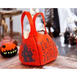 Halloween-Filztasche mit Boo-Geist, Hexenhaus & schlafender Katze – Handgemachter Süßigkeitenbeutel