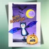 Halloween-Postkarte – Lustiger Pinguin als Fledermaus auf Kraftpapier