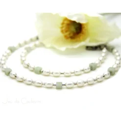 Halskette in Weiß aus Süßwasserzuchtperlen sowie Amazonit-Würfelchen in Lindgrün, auch als Brautschmuck, Accessoire