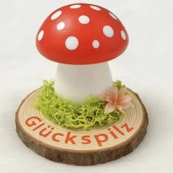 Handbemalter Fliegenpilz aus Keramikgips auf Holzscheibe – Glückspilz Tischdeko Geschenk, Herbstdeko Pilz