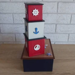 Handgefertigte Geschenkverpackung / Schachtel aus Pappe, Papier und Buchleinen - Leuchtturm - Strandurlaub