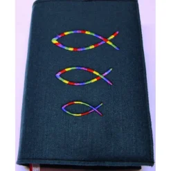 Handgefertigte Gotteslobhülle Filz petrol mit Regenbogenfischen – personalisierbar mit Name & Datum