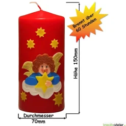 Handgefertigte rote Weihnachtskerze mit detailreichem Engel auf Wolke, Sternenhimmel-Dekor, perfektes Weihnachtsgeschenk