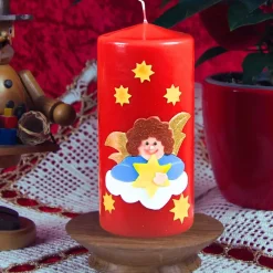 Handgefertigte rote Weihnachtskerze mit detailreichem Engel auf Wolke, Sternenhimmel-Dekor, perfektes Weihnachtsgeschenk