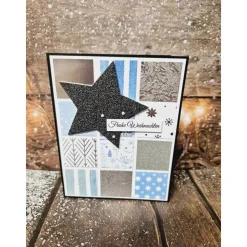 Handgefertigte Weihnachtskarte Stern Quadrate blau silber weiß - inkl. Einlegeblatt & Umschlag