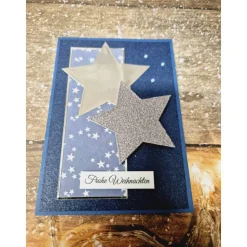 Handgefertigte Weihnachtskarte Sterne blau silber - inkl. Einlegeblatt & Umschlag