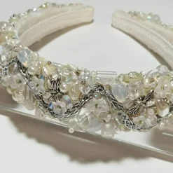 Handgefertigter Haarreif Brautschmuck weiß creme funkelnd silberfarben oder goldfarben – Unikat handbestickt