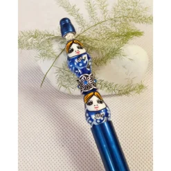 Handgefertigter Perlenkugelschreiber Matroschka mit Porzellan & 925 Silber