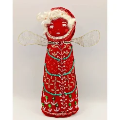 Handgefertigter Weihnachtsengel aus rotem Filz. Verziert mit filigranen Stickereien und Flügeln aus feinem Golddraht