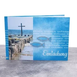 Handgemachte Einladungskarte Konfirmation, Kommunion oder Firmung – Kreuz im Meer