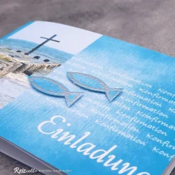 Handgemachte Einladungskarte Konfirmation, Kommunion oder Firmung – Kreuz im Meer