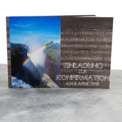 Handgemachte Einladungskarte Regenbogen Holzoptik zur Konfirmation, Kommunion & Firmung – inkl. Umschlag & Einlegeblatt