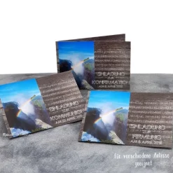 Handgemachte Einladungskarte Regenbogen Holzoptik zur Konfirmation, Kommunion & Firmung – inkl. Umschlag & Einlegeblatt