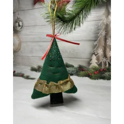 Handgemachte Filz-Tannenbäume als Weihnachtsanhänger  ca. 16 cm –grün mit Goldfransen rotem Band Glitzer festliche Deko