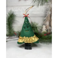 Handgemachte Filz-Tannenbäume als Weihnachtsanhänger  ca. 16 cm –grün mit Goldfransen rotem Band Glitzer festliche Deko