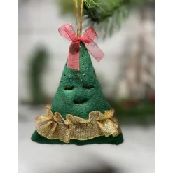 Handgemachte Filz-Tannenbäume als Weihnachtsanhänger  ca. 16 cm –grün mit Goldfransen rotem Band Glitzer festliche Deko