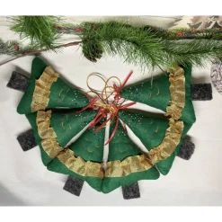 Handgemachte Filz-Tannenbäume als Weihnachtsanhänger  ca. 16 cm –grün mit Goldfransen rotem Band Glitzer festliche Deko