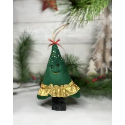 Handgemachte Filz-Tannenbäume als Weihnachtsanhänger  ca. 16 cm –grün mit Goldfransen rotem Band Glitzer festliche Deko