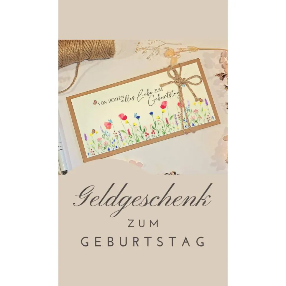 Handgemachte Geburtstagskarte mit Blumenmotiv – Geldgeschenk & Gutscheinverpackung