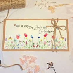 Handgemachte Geburtstagskarte mit Blumenmotiv – Geldgeschenk & Gutscheinverpackung
