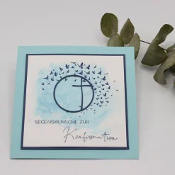 Handgemachte Glückwunschkarte zur Konfirmation – Kreuz, türkis-weiß, Unikat
