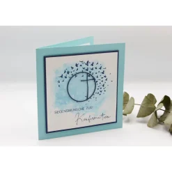 Handgemachte Glückwunschkarte zur Konfirmation – Kreuz, türkis-weiß, Unikat