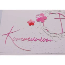 Handgemachte Kommunionskarte Mädchen – Kreuz im Kreis, rosa-pink, Aquarell, Unikat