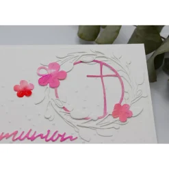 Handgemachte Kommunionskarte Mädchen – Kreuz im Kreis, rosa-pink, Aquarell, Unikat