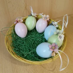 Handgemachte Ostereier 6er Set, pastellfarbene Ostereier mit Blüten und Satinband, Osterdeko zum aufhängen, Osterschmuck