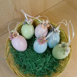 Handgemachte Ostereier 6er Set, pastellfarbene Ostereier mit Blüten und Satinband, Osterdeko zum aufhängen, Osterschmuck