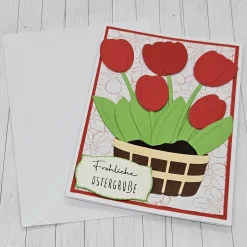 Handgemachte Osterkarte Tulpen rot – Frühlingsgruß mit Umschlag