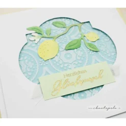 Handgemachte quadratische Glückwunschkarte in mediterranem Flair, Zitronenzweig, Aquarell & goldener Schrift