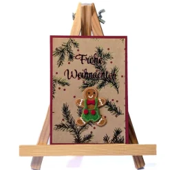 Handgemachte Weihnachtskarte rot mit Lebkuchenmann, goldenen Zweigen & Umschlag