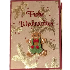 Handgemachte Weihnachtskarte rot mit Lebkuchenmann, goldenen Zweigen & Umschlag
