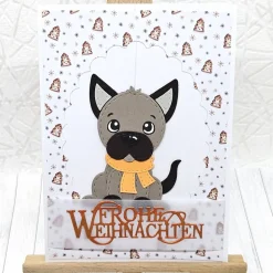 Handgemachte Weihnachtskarte mit Hundeanhänger – Unikat, A6, Umschlag & Dekoanhänger, orange