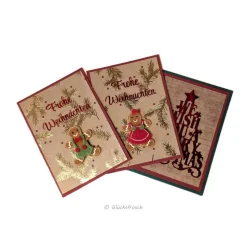 Handgemachte Weihnachtskarte rot mit Lebkuchenfrau, goldenen Zweigen & Umschlag