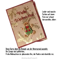 Handgemachte Weihnachtskarte rot mit Lebkuchenfrau, goldenen Zweigen & Umschlag