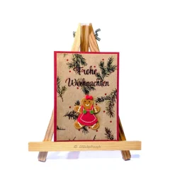 Handgemachte Weihnachtskarte rot mit Lebkuchenfrau, goldenen Zweigen & Umschlag