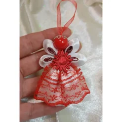 Handgemachter Weihnachtsengel – Rot/Weiß – zarte Spitzen und Satinband