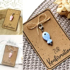 Handgemachtes Konfirmationsgeschenk – Keramik Fischanhänger auf Karte als christliches Symbol