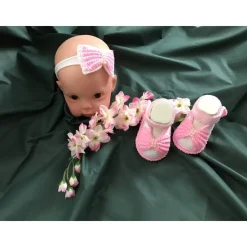Handgemachtes Taufset  *little girl* für Mädchen – Haarband & Babyschühchen Weiß-Rosa mit Perlen