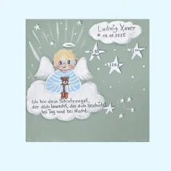 Handgemaltes Schutzengel Taufgeschenk Junge – Personalisiertes Engelbild mit Teddy zur Taufe & Geburt, 20x20 cm