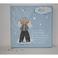 Handgemaltes Schutzengelbild zur Taufe – Geschenk für Jungen & Geburt – Engeljunge auf Leinwand 20x20cm