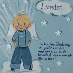 Handgemaltes Schutzengelbild zur Taufe – Geschenk für Jungen & Geburt – Engeljunge auf Leinwand 20x20cm