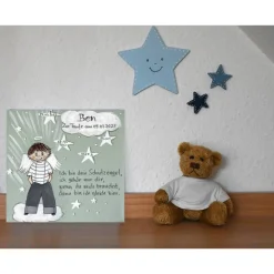 Handgemaltes Schutzengelbild zur Taufe – Geschenk für Jungen & Geburt – Engeljunge auf Leinwand 20x20cm