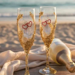 Handverzierte Champagnergläser „Heart of Gold“ – Exklusive Hochzeitsgläser mit goldenen Herzen