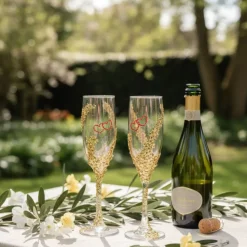 Handverzierte Champagnergläser „Heart of Gold“ – Exklusive Hochzeitsgläser mit goldenen Herzen