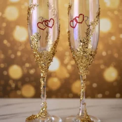 Handverzierte Champagnergläser „Heart of Gold“ – Exklusive Hochzeitsgläser mit goldenen Herzen