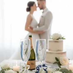 Handverzierte Hochzeitsgläser Blau Weiß mit Perlen & Herzdekor – 2er-Set